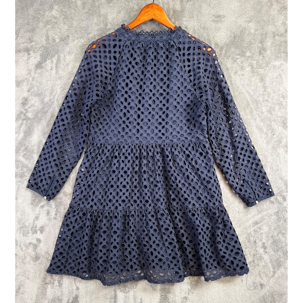 J Crew Tiered Embroidered Eyelet Dress Medium Navy Blue Mini Popover - Picture 2 of 10